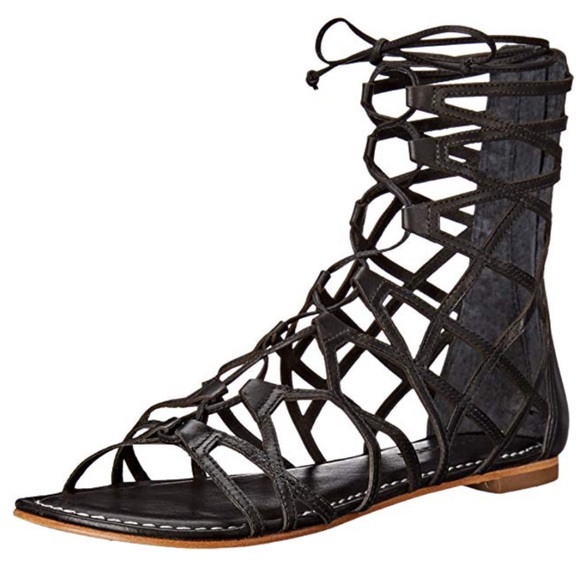 Black Leather Tall Strappy Caged Gladiator Sandal - Picture 2 of 6